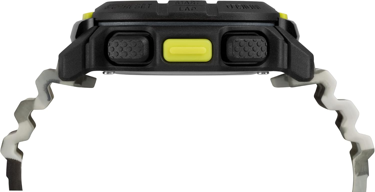 Side view of the Timex TW5M26600 Digital Watch showing the pushers and case thickness.