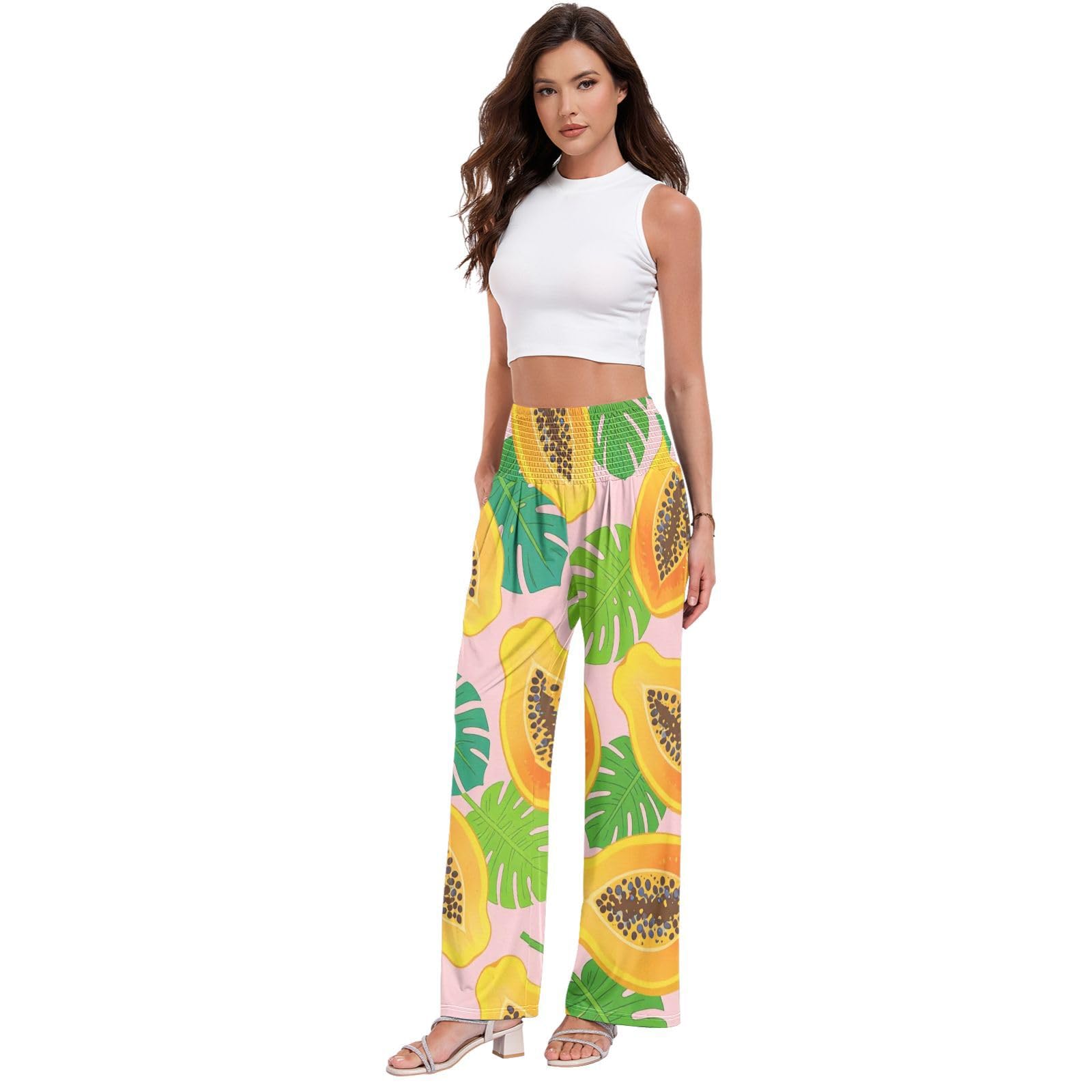 Papaya Tropical - Pantalones palazzos para mujer, ligeros, elásticos, informales, ropa de descanso