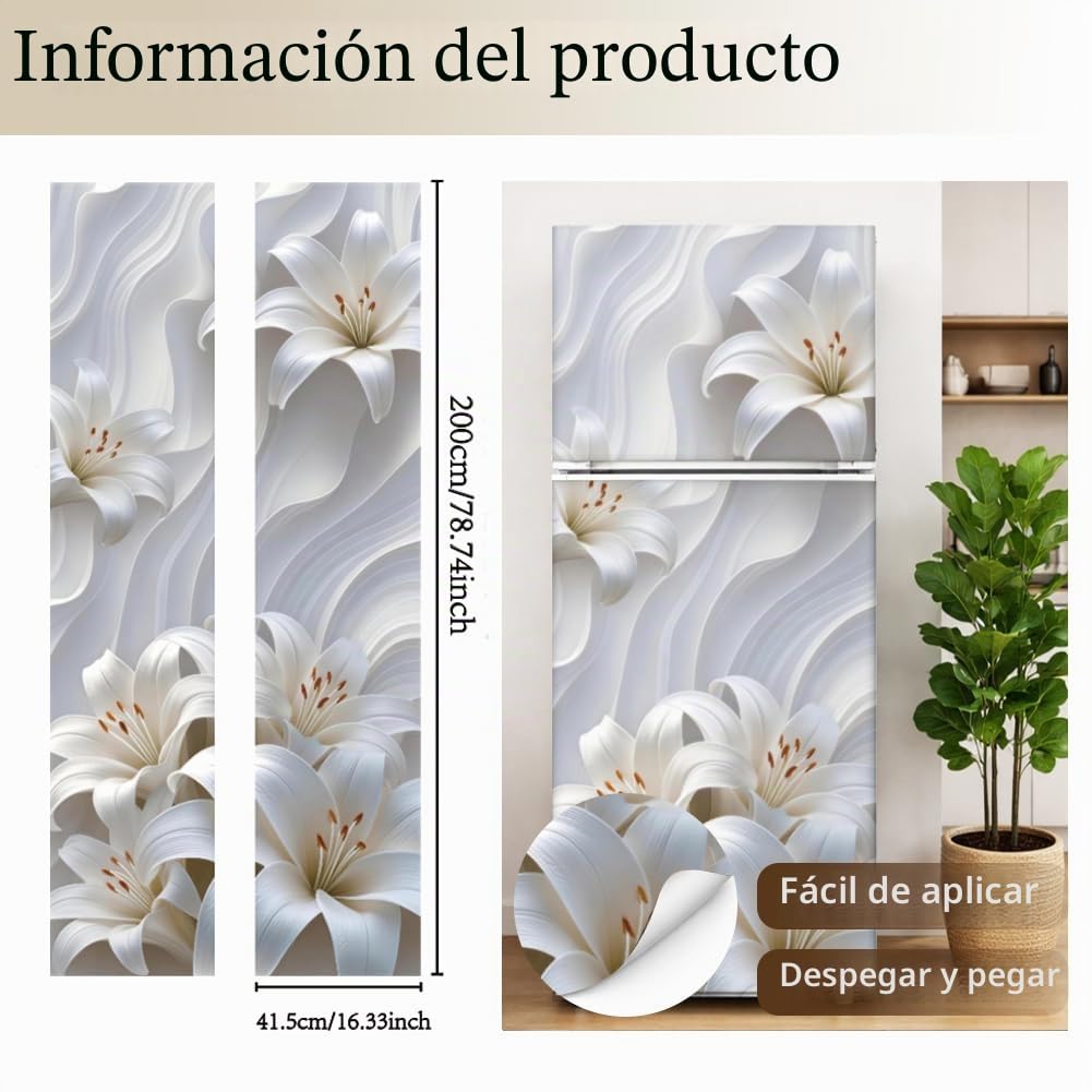 2 unidades de envoltura extraíble para nevera con diseño de flores de lirio, autoadhesivas, mural de vinilo para puerta de nevera, pegatina de cubierta de panel para congeladores, para