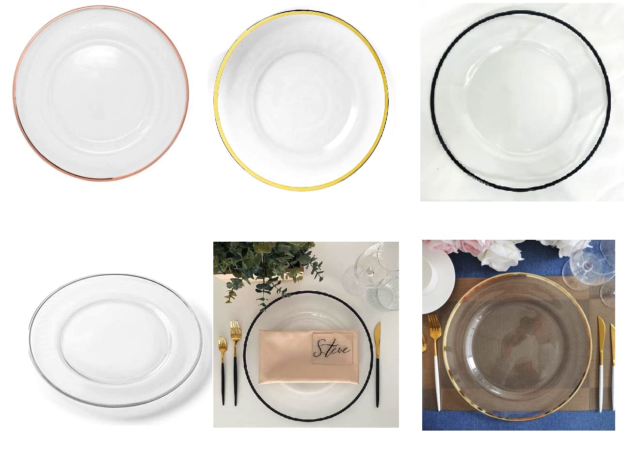 H Homedelight1234 Delight Design Glass Charger Plate Black/Gold, Silver & Rose Gold Rim Decorative Wedding Dinner Plate mats (Silver, Pack of 2)