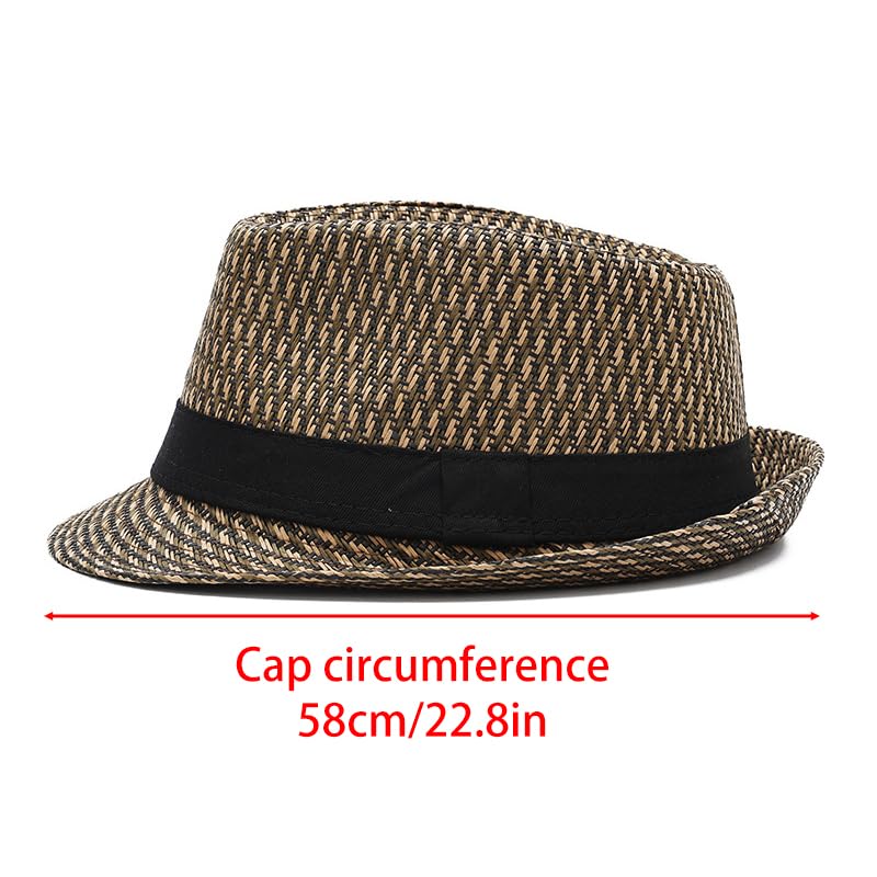 2PCS Men Straw Fedora Hat Trilby Hat Short Brim Hat Panama Summer Beach Sun Hat for Gatsby Costume Accessories 1920s