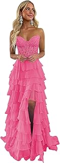 Strapless Ruffles Corset Prom Dresses 2025 for Women Lace Tiered Chiffon Long Formal Evening Gown with Slit WO066 - Buy now