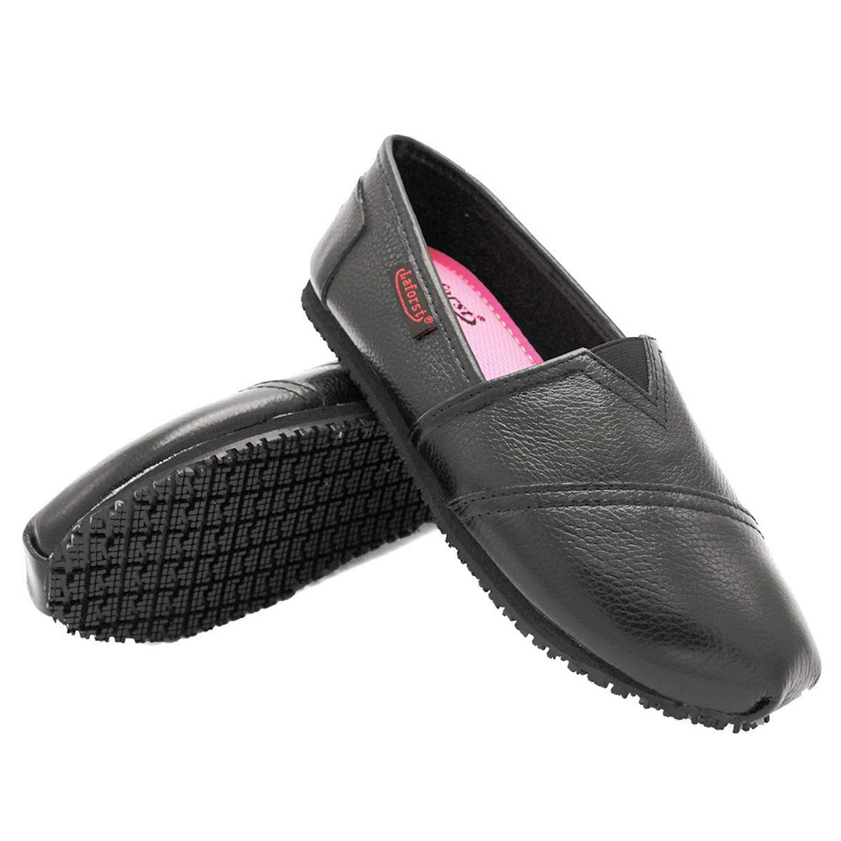 Laforst Womens Leather Nonslip Waitress Server Slip On Flat Black 10