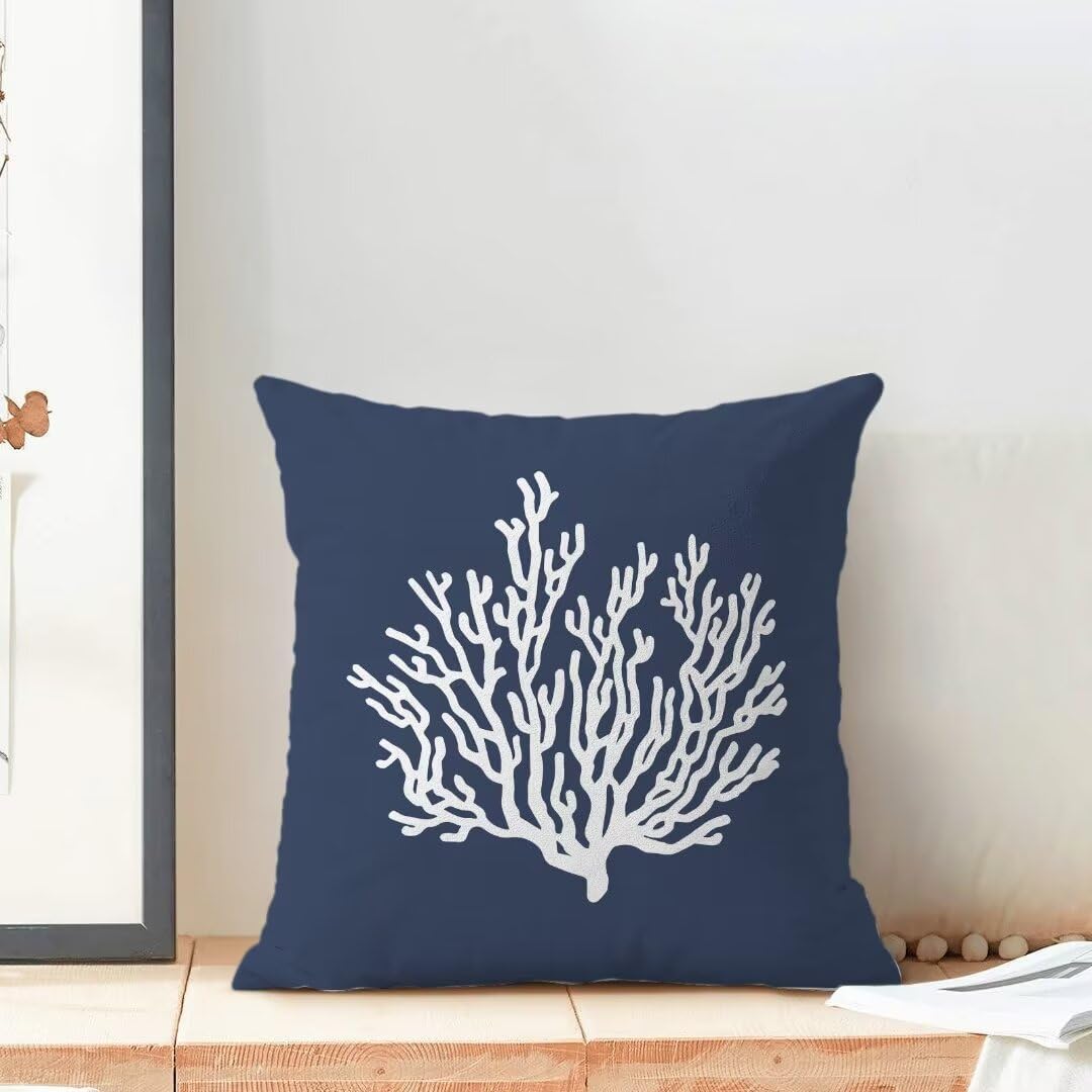 AEIOAE Coastal Pillow Covers 18 X 18 Inch Set of 2, Nautical Navy Blue Coral Decorative Throw Pillow Covers Pillowcase Linen Beach Ocean Theme for Indoor Outdoor Home Sofa Bedroom Living Room - Image 3