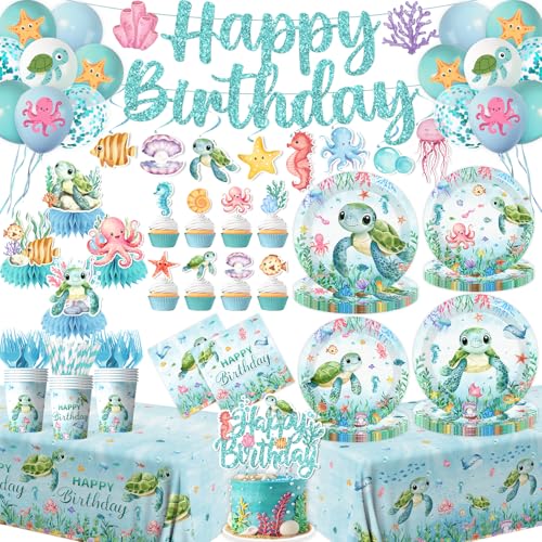206pcs Ocean Turtle Birthday Party Supplies Under the Sea Decoration Ocean Sea Animal Disposable Plates Napkins Tablecloth Cups Balloon Forks Cake Toppers for Sea Turtle Birthday Theme Decor Serve 24