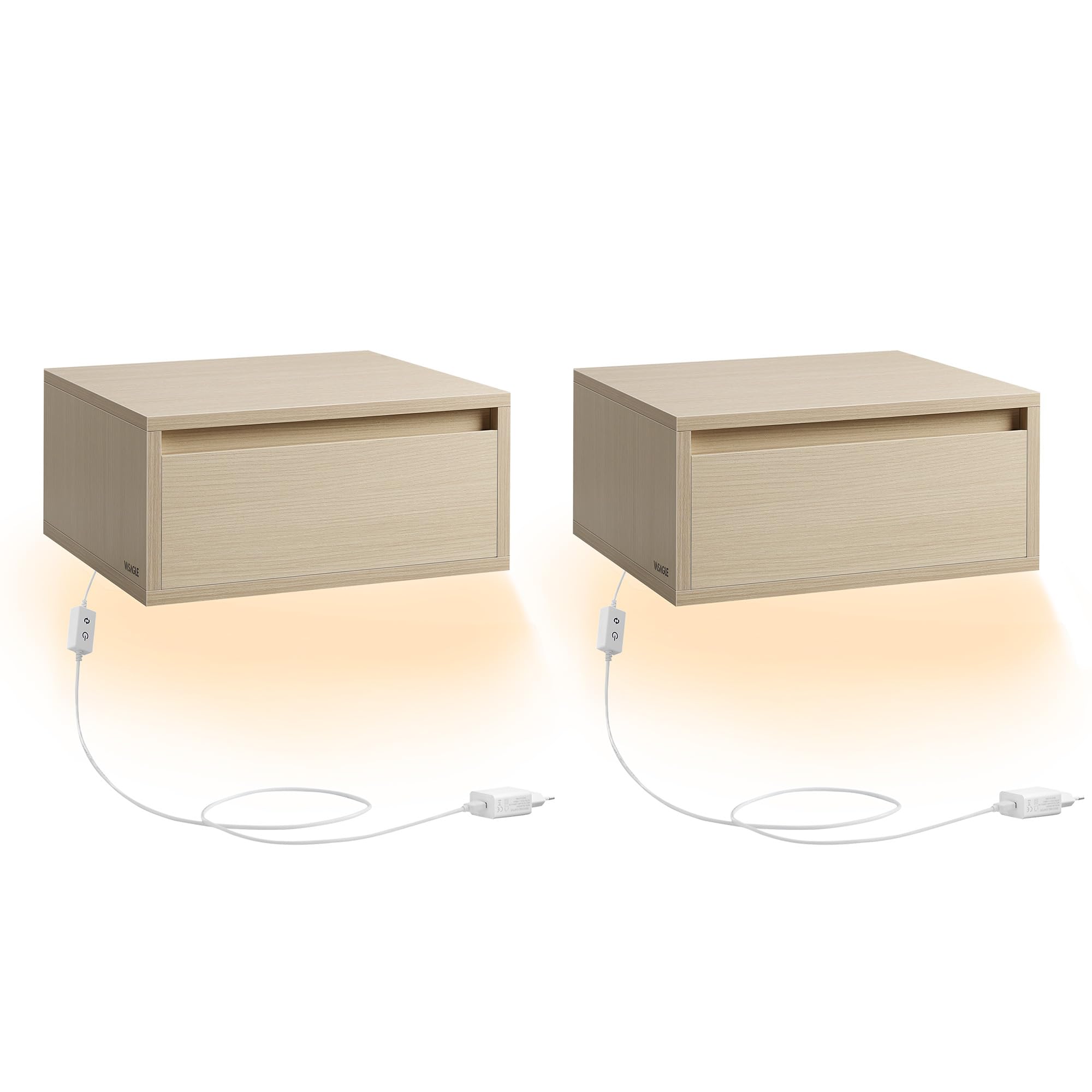 VASAGLE Mesita de Noche Colgante, Juego de 2, Luz con 3 Pantallas, Estante de Pared con Cajón, 35 x 40 x 18 cm, Estilo Moderno, Sala de Estar, Dormitorio, Beige Natural LET854N01