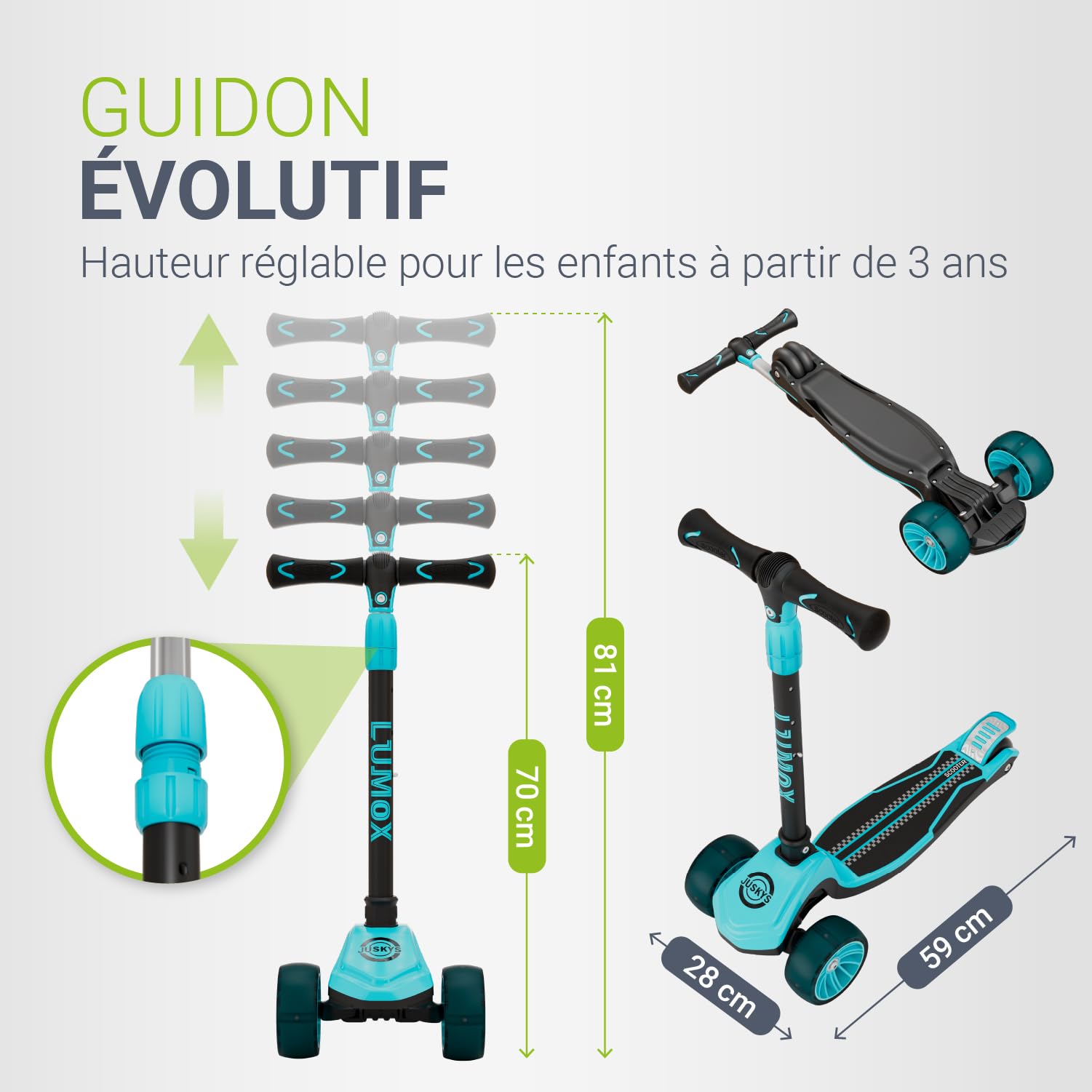 JUSKYS® Trottinette Enfant Lumox - Noir/Rose/Bleu, Roues LED sans Batterie, Guidon réglable 70-81 cm, Pliable avec Suspension et Frein arrière