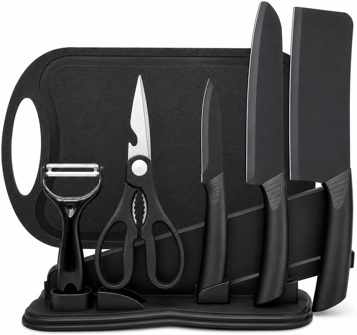 7PCS Kitchen Knife Set,5 Black Stainless Steel Knives with Sheaths, Cutting Board, and a Knife Block,Stainless Steel Kitchen Knives with PP Ergonomic Handle