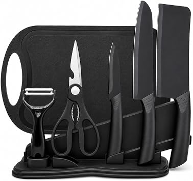 7PCS Kitchen Knife Set,5 Black Stainless Steel Knives with Sheaths, Cutting Board, and a Knife Block,Stainless Steel Kitchen Knives with PP Ergonomic Handle