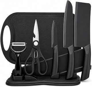 7PCS Kitchen Knife Set,5 Black Stainless Steel Knives with Sheaths, Cutting Board, and a Knife Block,Stainless Steel Kitchen Knives with PP Ergonomic Handle