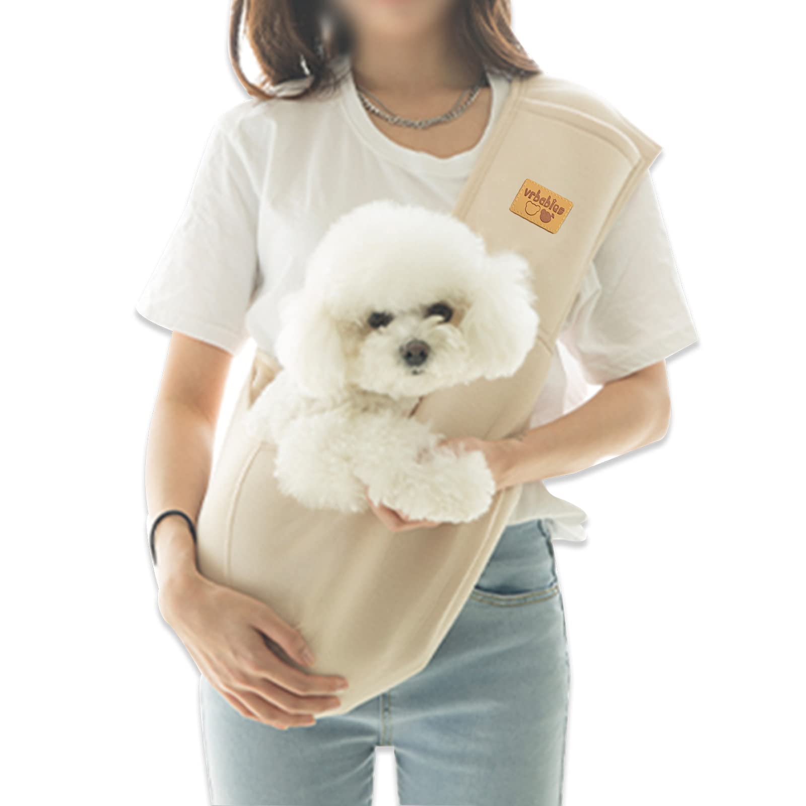 vrbabies Dog Sling Hands Free Dog Sling Carrier Adjustable Strap Dog Carrier Sling Soft Cotton Dog Carrier Bag Dog Carriers with Pocket for Travel Outdoor(Beige)