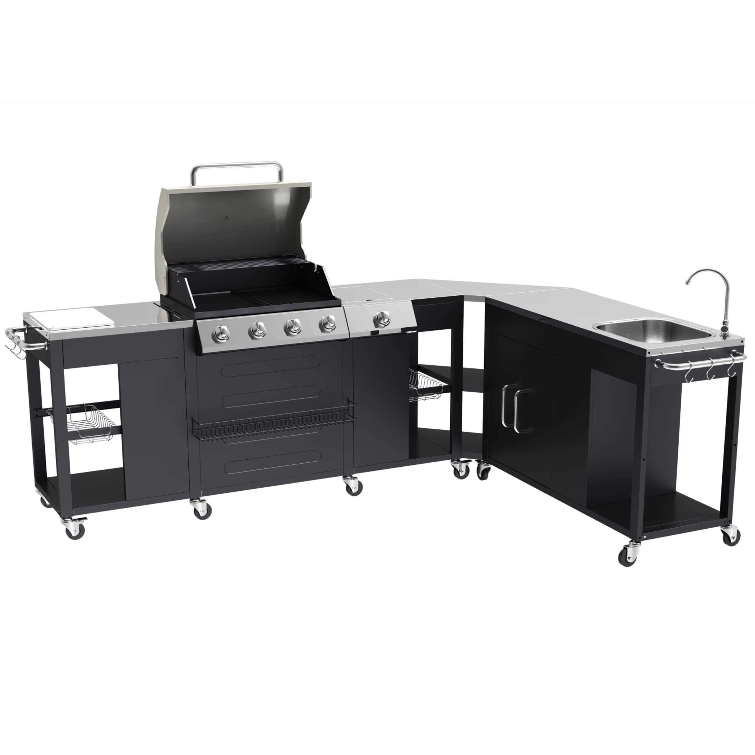 BillyOh Gas BBQ Grill 4 Burner + Side Burner with Kitchen Sink Stainless Steel Gas Barbecue with Side Table Cooking Corner Outdoor Kitchen Storage Garden Portable BBQ Indiana, Silver