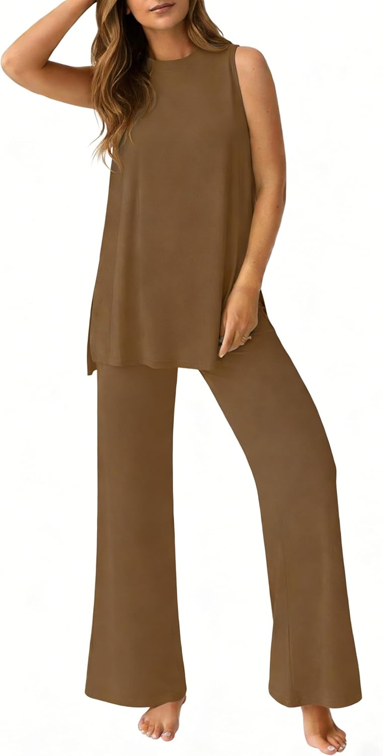 PrinStory Womens Pajamas Sets Lounge Sets for Women Sleeveless Pajama Set 2 Piece Pjs Soft Loungewear with Pockets