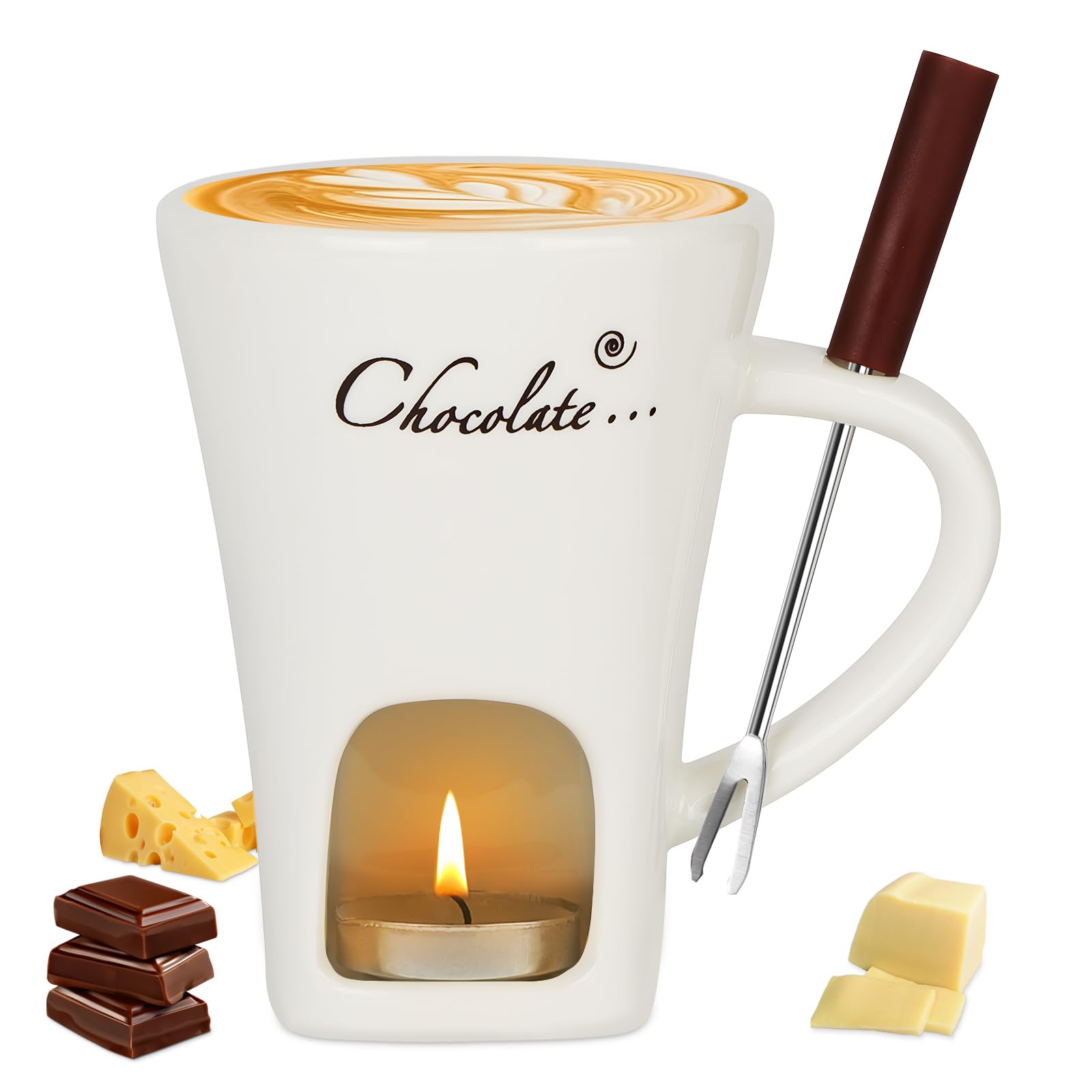 Vicloon Tazza per Fonduta in Ceramica 130 ml con Forchette, Crogiolo Scalda-Burro per Cioccolato