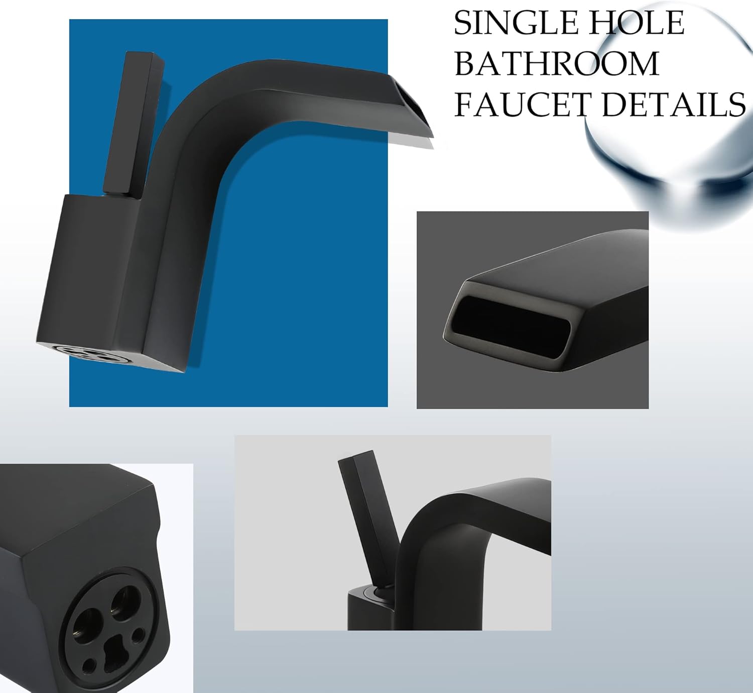 SKOWLL Matte Black Deck Mount Waterfall Faucet, Single Handle Bathroom Faucet Centerset, 1Hole Modern Vanity Sink Mixer with 6 Inch Deck Plate