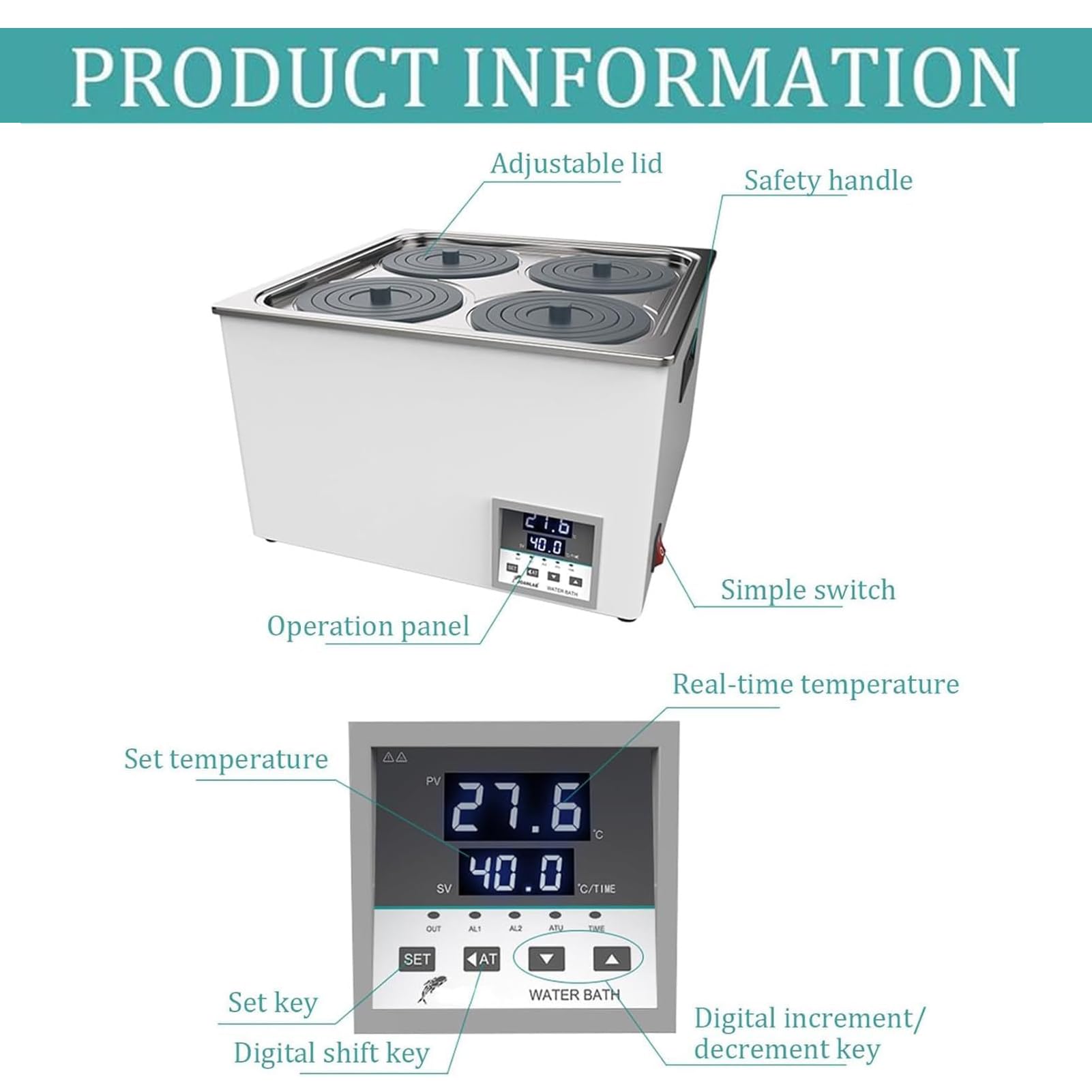 Baño María para Laboratorio, Calentador Termostático Digital, Dispositivo de Calentamiento Eléctrico, Recubrimiento de Acero Inoxidable, Para Experimentos de Laboratorio, Función Antiquemado en Seco