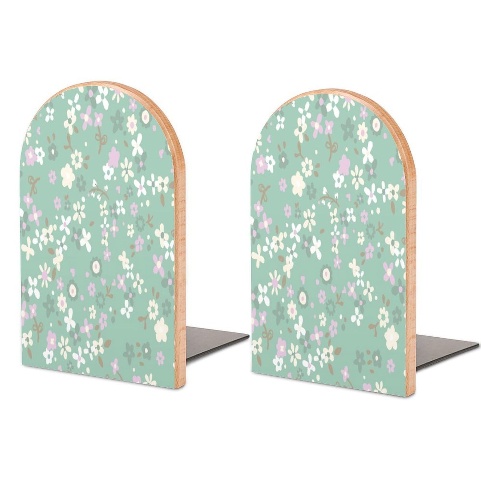 Watercolor Floral Pattern2 Beech Wood Bookends Heavy Duty Book Organizers Desktop File Holder for Office Home Bookshelf