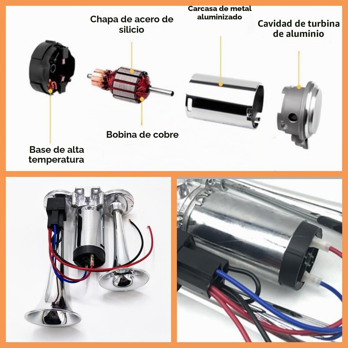 Bocina de Aire para Automóviles, Altavoz Eléctrico Doble Tubo 165db, Plateada, para 12V Automóviles, Camiones, Barcos