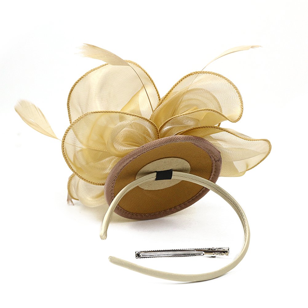 FRCOLOR Fascinator Feather Headband/Clip Party Wedding Royal Ascot Races Hair Accessories Headdress (Golden) - Image 2