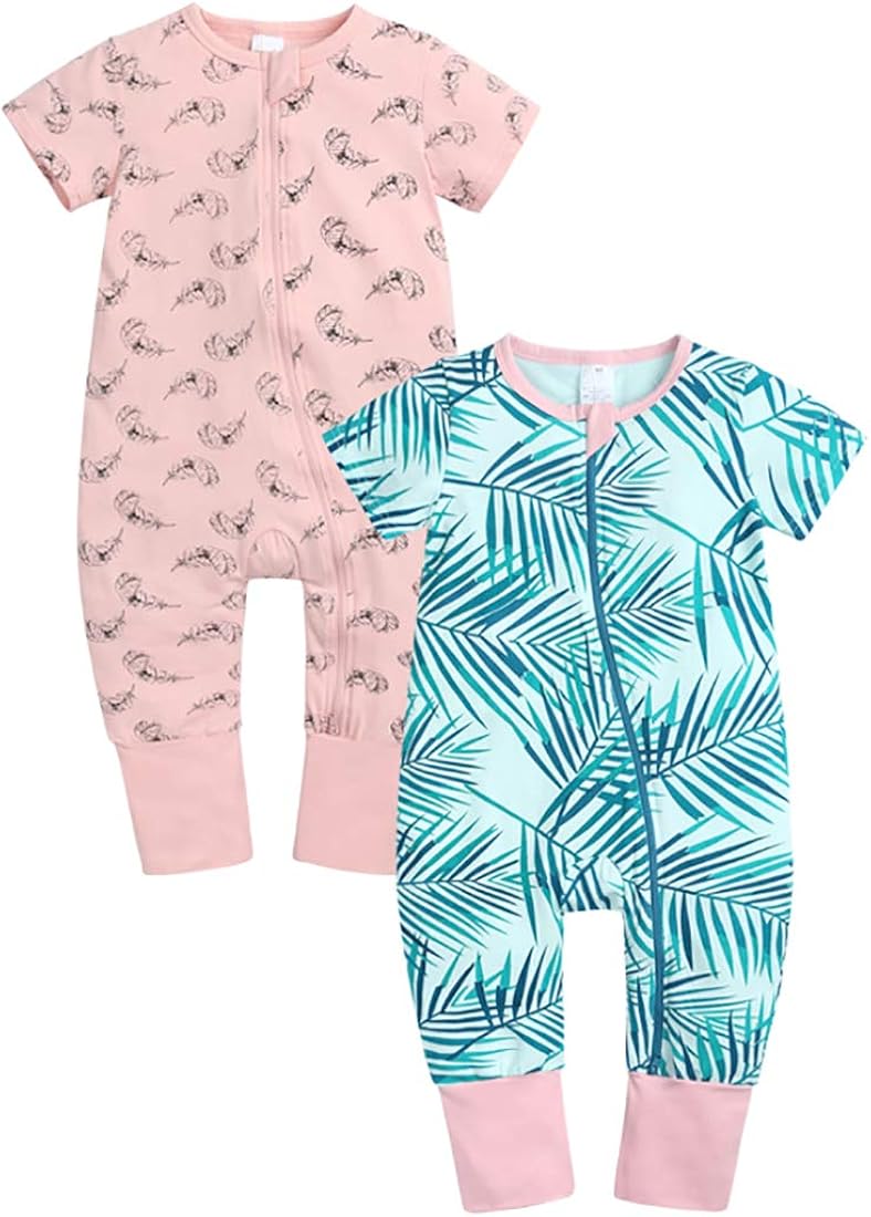 ZFTTZYMX Baby Girls Boys Short Sleeve Zipper Romper Baby Cotton Jumpsuit Graphic Pajamas 18-24 Months 2-pack 07
