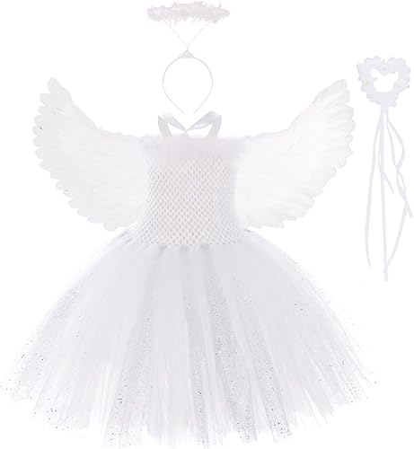 Miniatura 5 de Tempura Disfraz de ángel para niñas, vestido de tutú de lujo con alas y vara y diadema para Halloween
