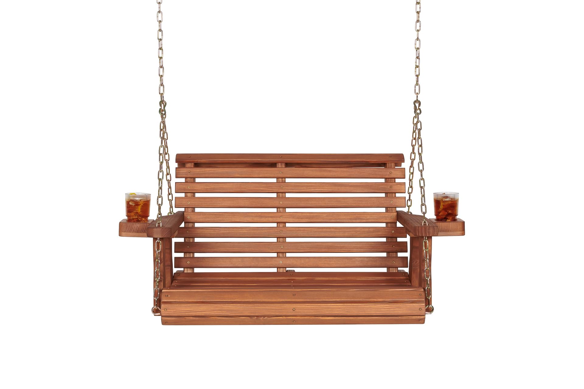 Amish Casual Heavy Duty 700 Lb Capacity Porch Swing with Cupholders (3 Foot, Cedar Stain) – Wooden Outdoor Roll Back Swing with Hanging Chains – Amish Made in the USA