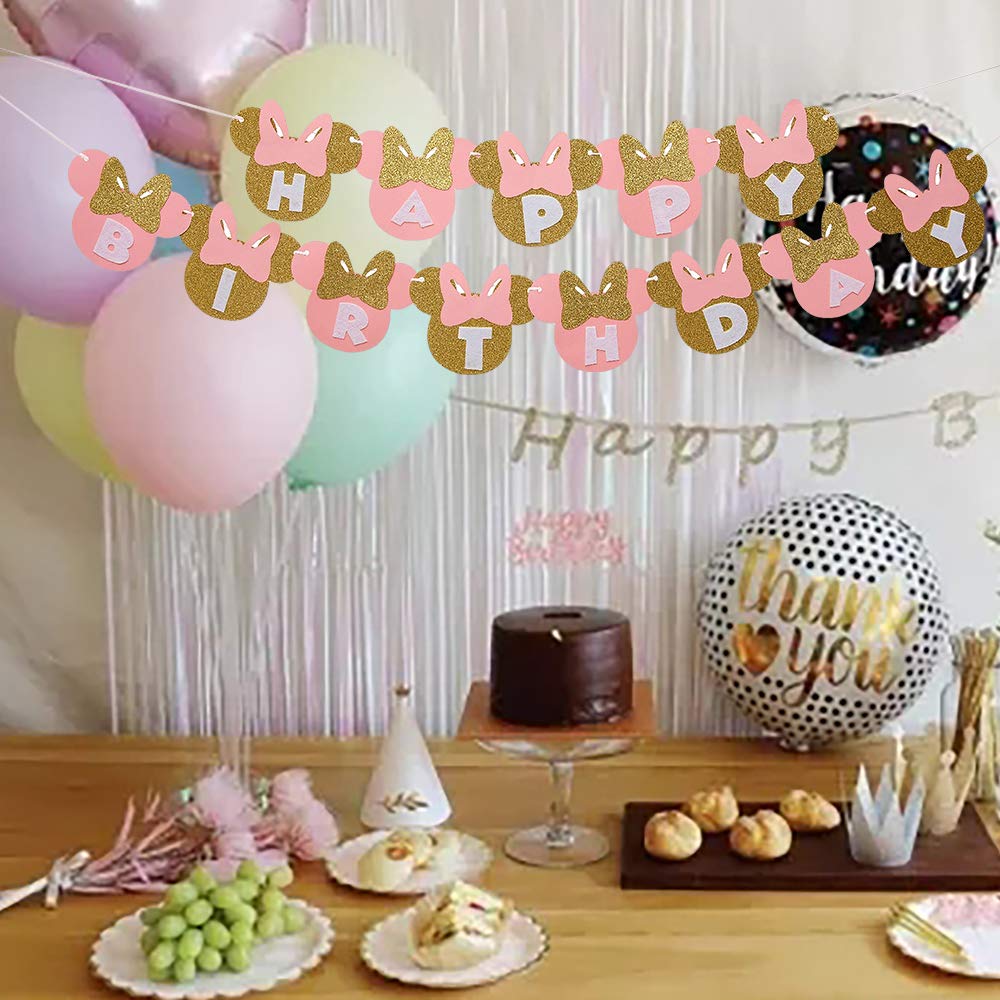 Pink Mouse Happy Birthday Banner - Cute Mouse Themed Party Decor For Girls
