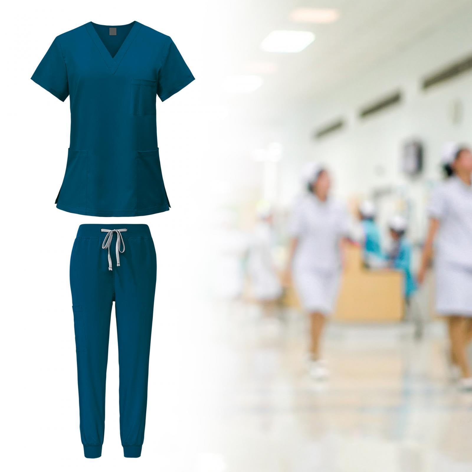 LOVIVER Female Scrub Set Nurse Workwear V Neckline Professional Machine Washable Top and Joggers Pant Work Clothing for Beauty Center, Blue, XL