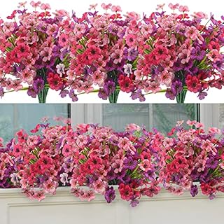 ALAGIRLS Outdoor Artificial Flowers Plants 12 Bundles, Indoor Decorative Fake Flowers for Home Garden Wall Wedding Party, Faux Flowers Bulk for Outside Planter Window Box, Pink Purple Fuchsia