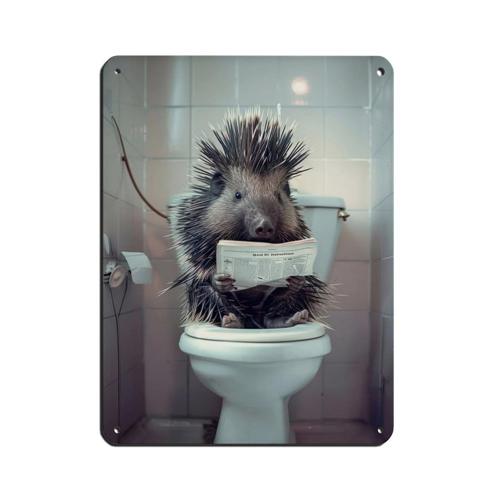 Porcupine Sitting on The Toilet Reading A Newspaper (13) Retro Poster Metal Tin Sign Chic Art Retro Iron Painting Bar People Cave Cafe Family Garage Poster Wall Decoration 12x16inch(30x40cm)