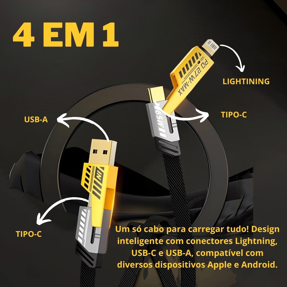 Cabo 4 em 1 Reforçado 65W Turbo com Conectores Lightning, Tipo-C e USB-A | Compatível com iPhone, Android, iPad, MacBook, Tablet e Notebook | 1 Metro | Nylon Trançado | Carregamento Rápido