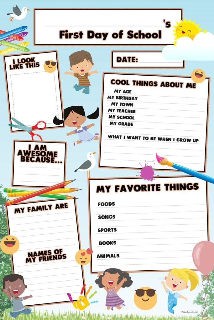 First Day of School All About Me Kids Star Student Biography Classroom Chart Fun Activity Elementary Teacher Homeschool Supplies Kindergarten 1st Grade Cool Wall Art Print Poster 24x36