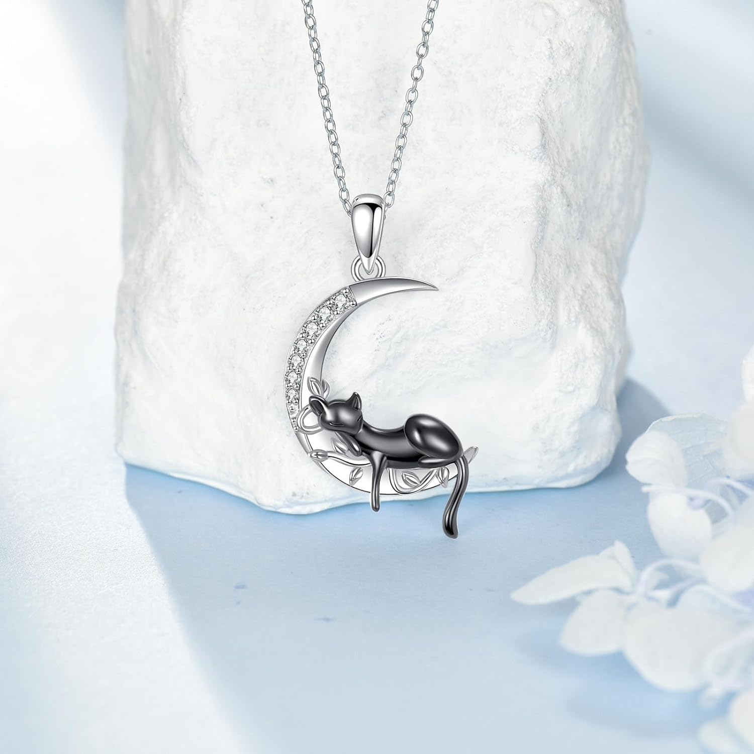 WSX Fox/Black Cat/Panda/Axolotl Moon Pendant Necklace for Women 925 Sterling Silver Crescent Moon Animal Necklace Cute Animal Birthday Jewelry Gifts - Image 3