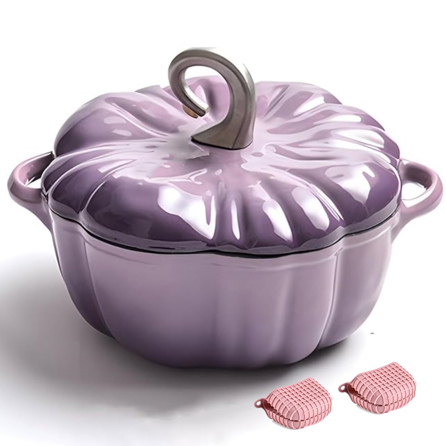 Cocotte de hierro fundido de 4 cuartos con revestimiento, forma de horno holandés, olla para sopa y guiso, compatible con múltiples estufas, incluye tapa y guantes de horno (morado)
