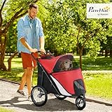 PawHut Hundewagen Hundebuggy mit Netzfenstern, Klappbarer Katzenwagen mit Sicherheitsleine, große Gummiräder für Mittelgroße, Große Hunde bis 30 kg, Oxford, Rot