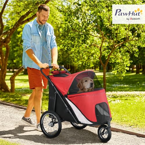 PawHut Hundewagen Hundebuggy mit Netzfenstern, Klappbarer Katzenwagen mit Sicherheitsleine, große Gummiräder für Mittelgroße, Große Hunde bis 30 kg, Oxford, Rot