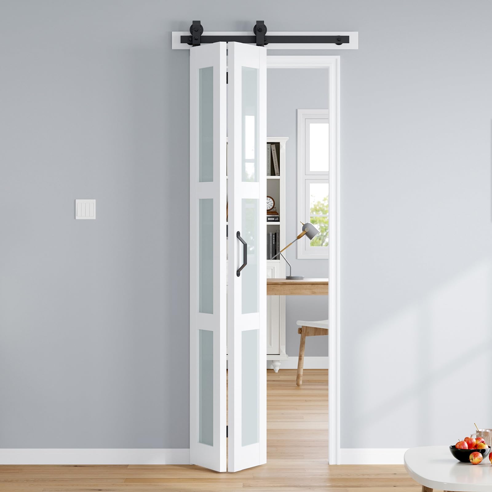 Photo 1 of ROYMELO Bifold Barn Door 32x84 Inch (Double 16x84), White Frosted Glass Bifolding Doors with 36" Hardware Kit Included, Closet Sliding Wood Panel Slab, Save Space, Simple DIY Assembly