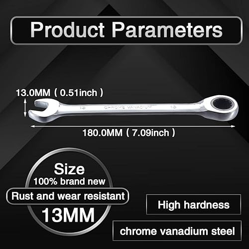 Miniatura 2 de KATUR Juego de llaves de trinquete fijas de 0.512 in y llaves de mango, juego de herramientas manuales de acero al cromo vanadio, combinación