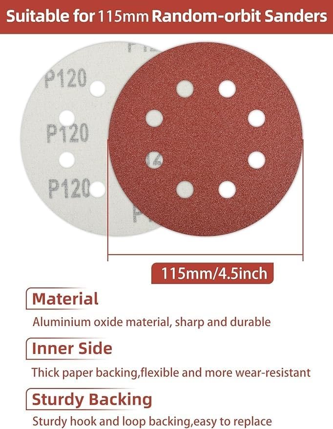 115mm Sanding Discs 80 Grit, 30 Pieces 4.5 Inch Hook and Loop Sandpaper Discs for Orbital Sander (8 Holes) - Image 2