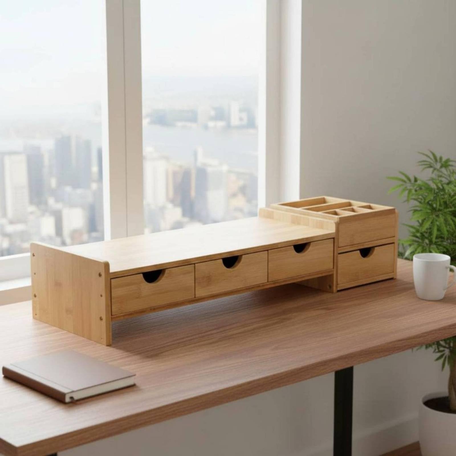 Supporto Rialzo Schermo Mensola Scrivania Organizer con Cassetti in bambù Design Ergonomico per Migliorare Postura E Ottimizzare Spazio Adatto a Ufficio, Cassetto Triplo