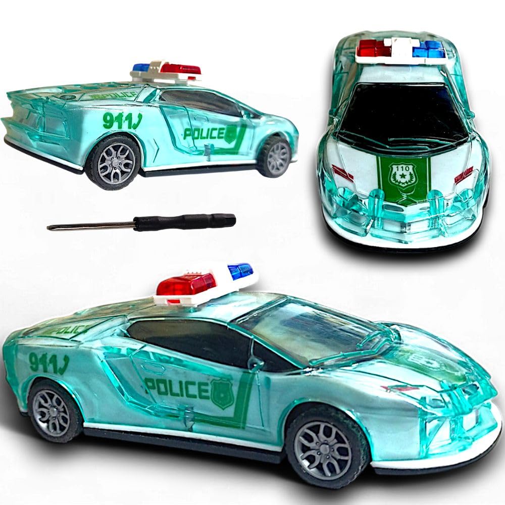 Friction Police Car Toy with 3D RGB Lights & Realistic Siren Sound Musical Vehicle Action-Packed Fun for Kids (1007 - Friction Police Car - Green)