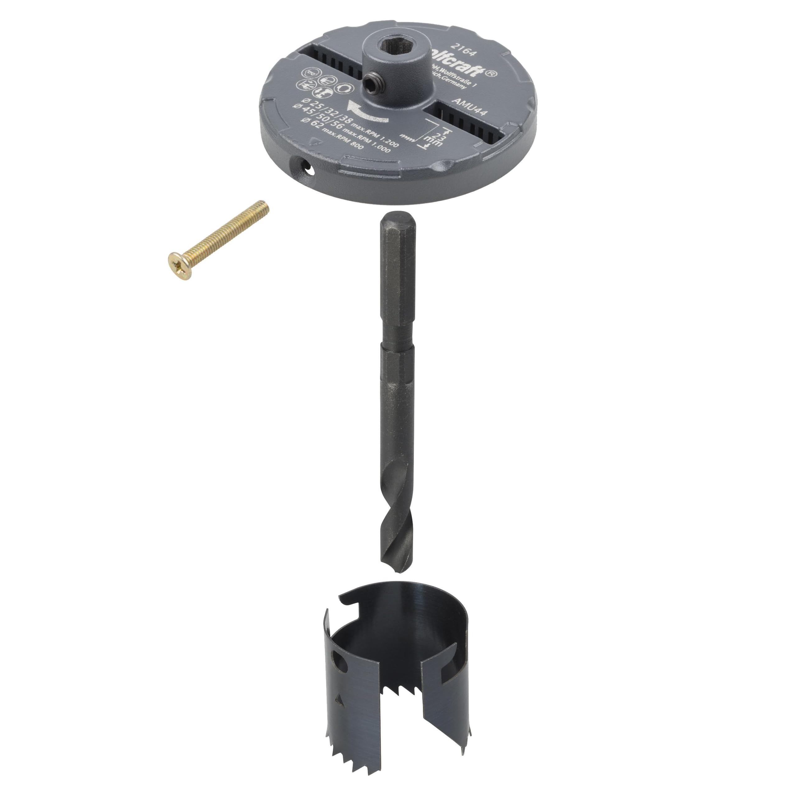 wolfcraft juego de 7 piezas de sierras de corona con cuerpo metálico I 2164000 I Sierra con 7 sierras de cambio rápido, Ø 25–62 mm, profundidad de corte 23 mm I Para Madera, plástico y placa de yeso