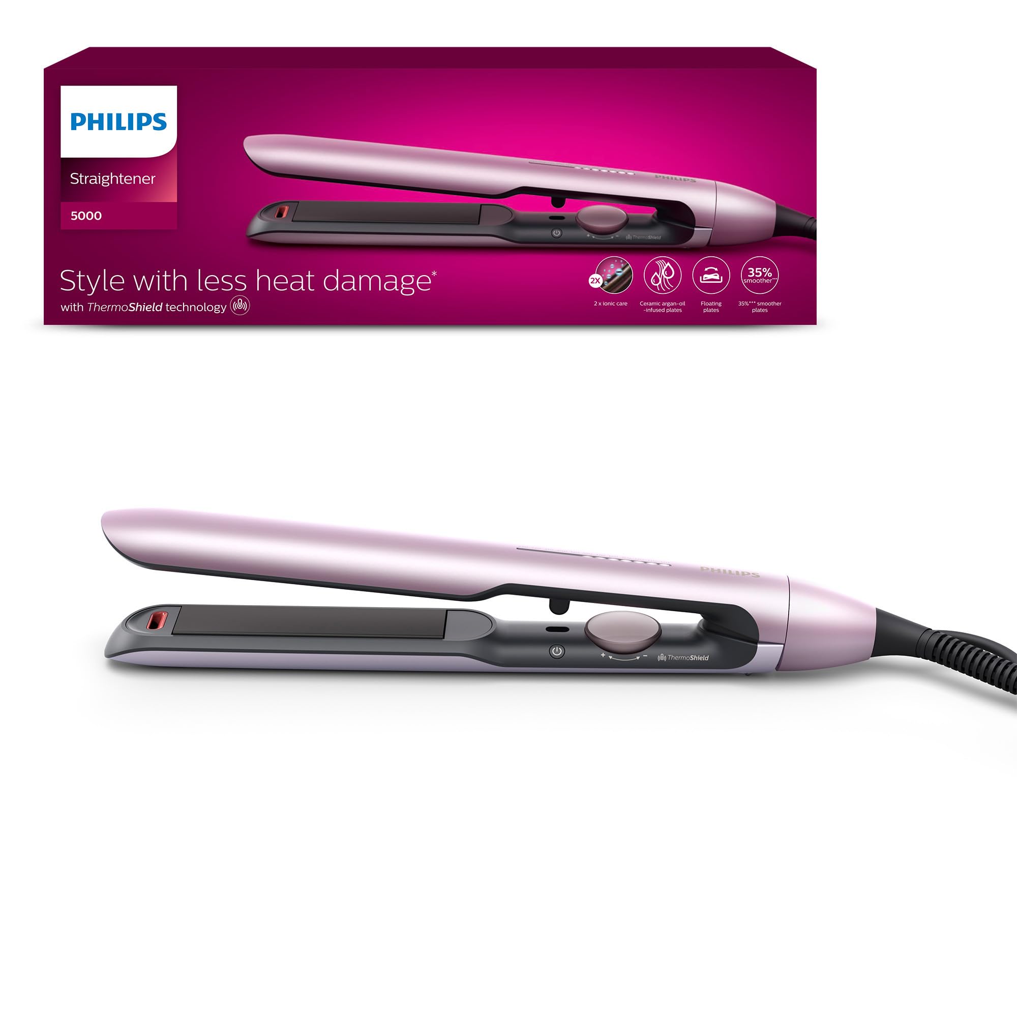 Philips Haarglätter 5000 Series, ThermoShield Technologie, Ionisierungsfunktion, Keramikplatten mit Arganöl, Hellrosa, Modell BHS530/00