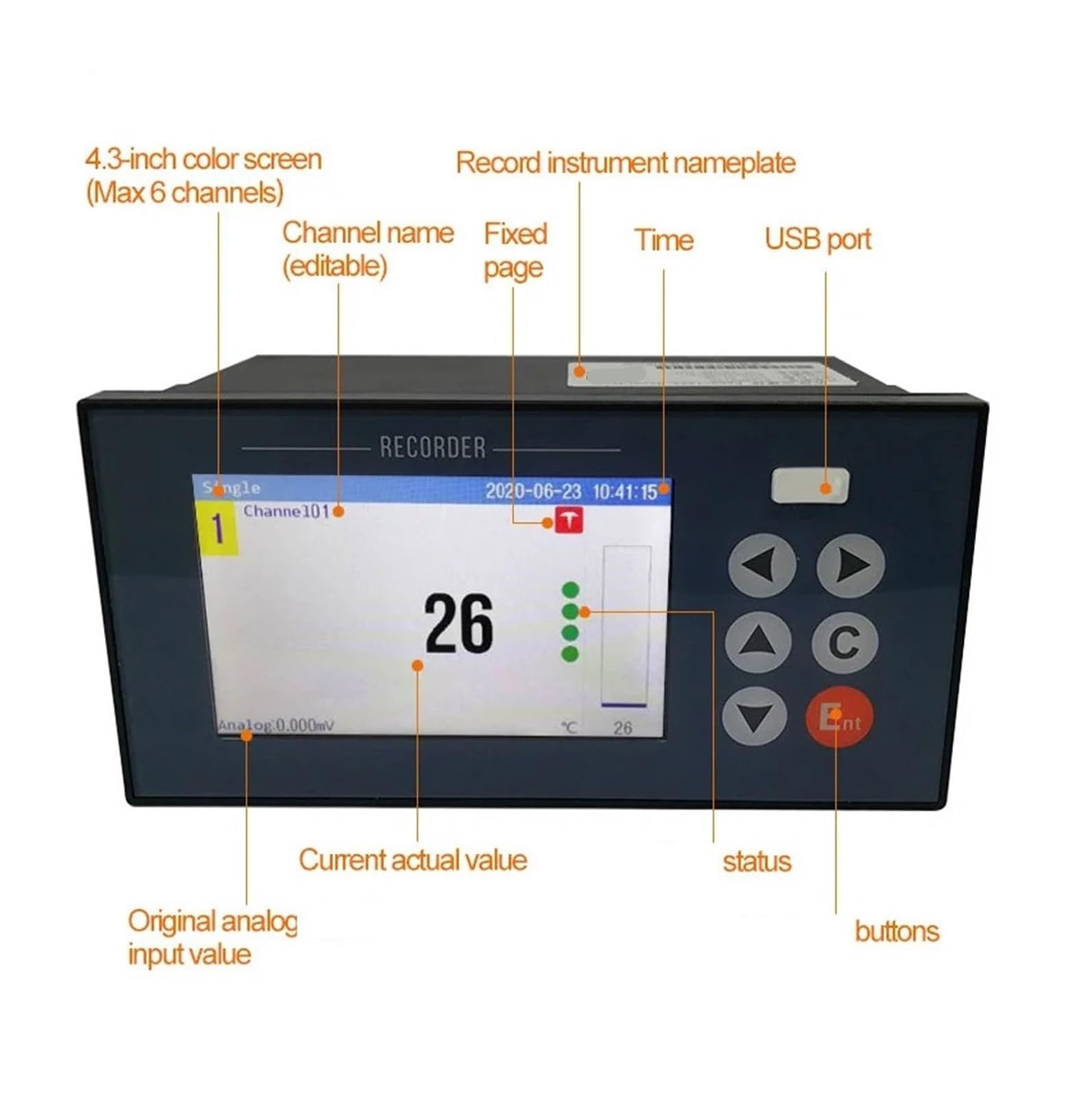 1 2 3 4 5 6 Industrie-Bildschirmschreiber Temperaturdaten Strom Spannung Druck Füllstand Datenlogger 4-20mA RS485(1 Channel RS485 220V)