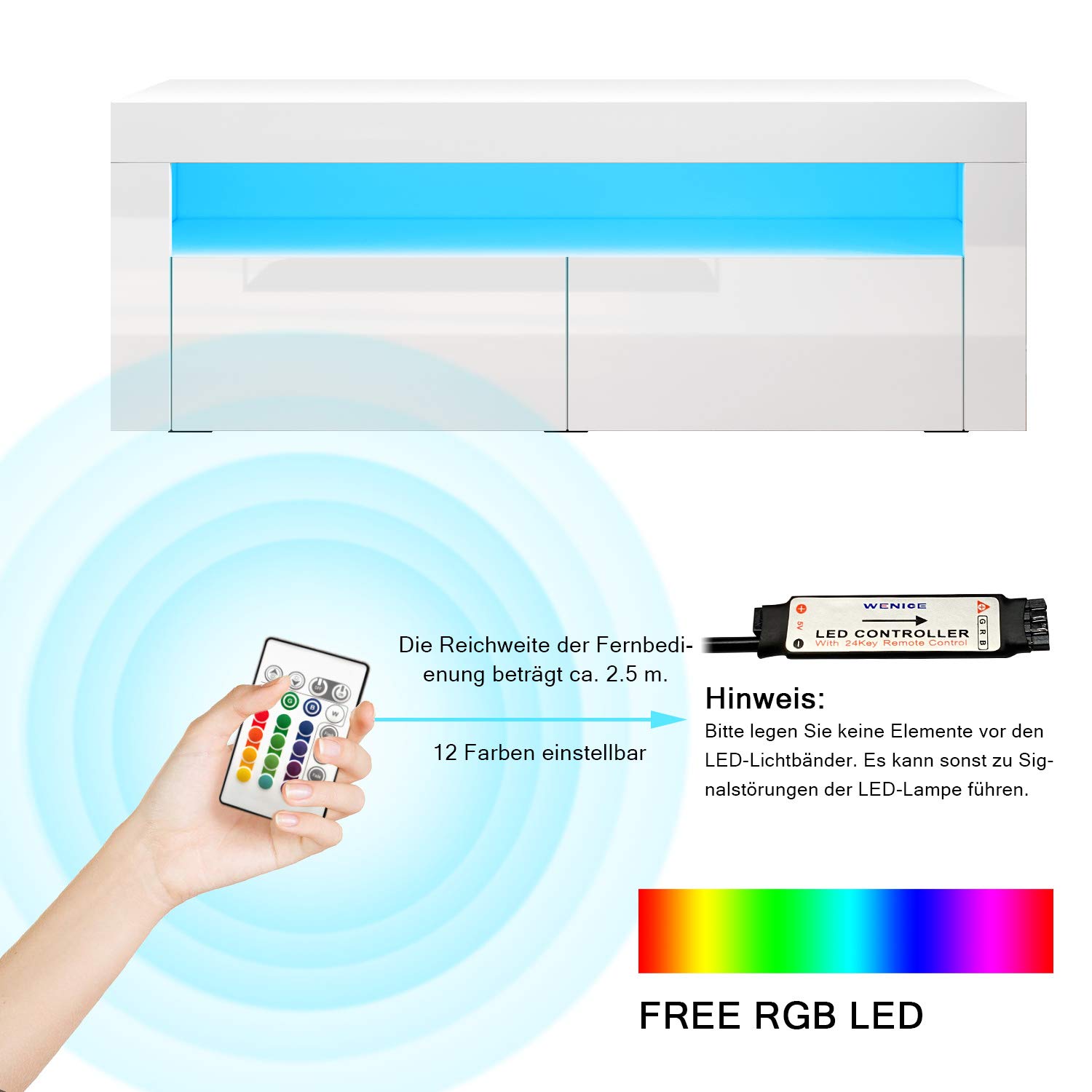 SONNI TV Board mit LED (16 Farben), 2 Türen, Hochglanz Weiß, 120x40x45cm | TV-Schrank für Fernseher bis zu 50 Zoll, Lowboard mit Großer Stauraum, TV-Regal für Wohnzimmer, Esszimmer, Schlafzimmer