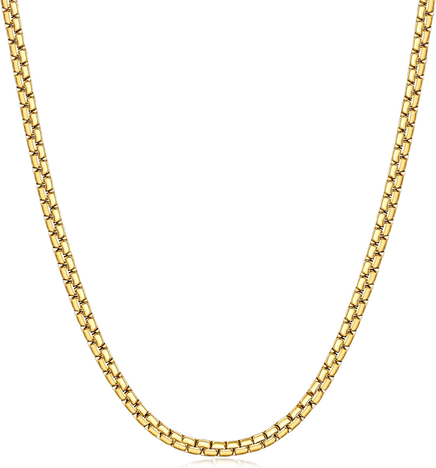 Flat Box Chains for Men, 14k Gold Plated/Black Stainless Steel Chain Necklace, 2.5/3/4/4.5/5mm Necklaces for Men and Women 16-28 Inch