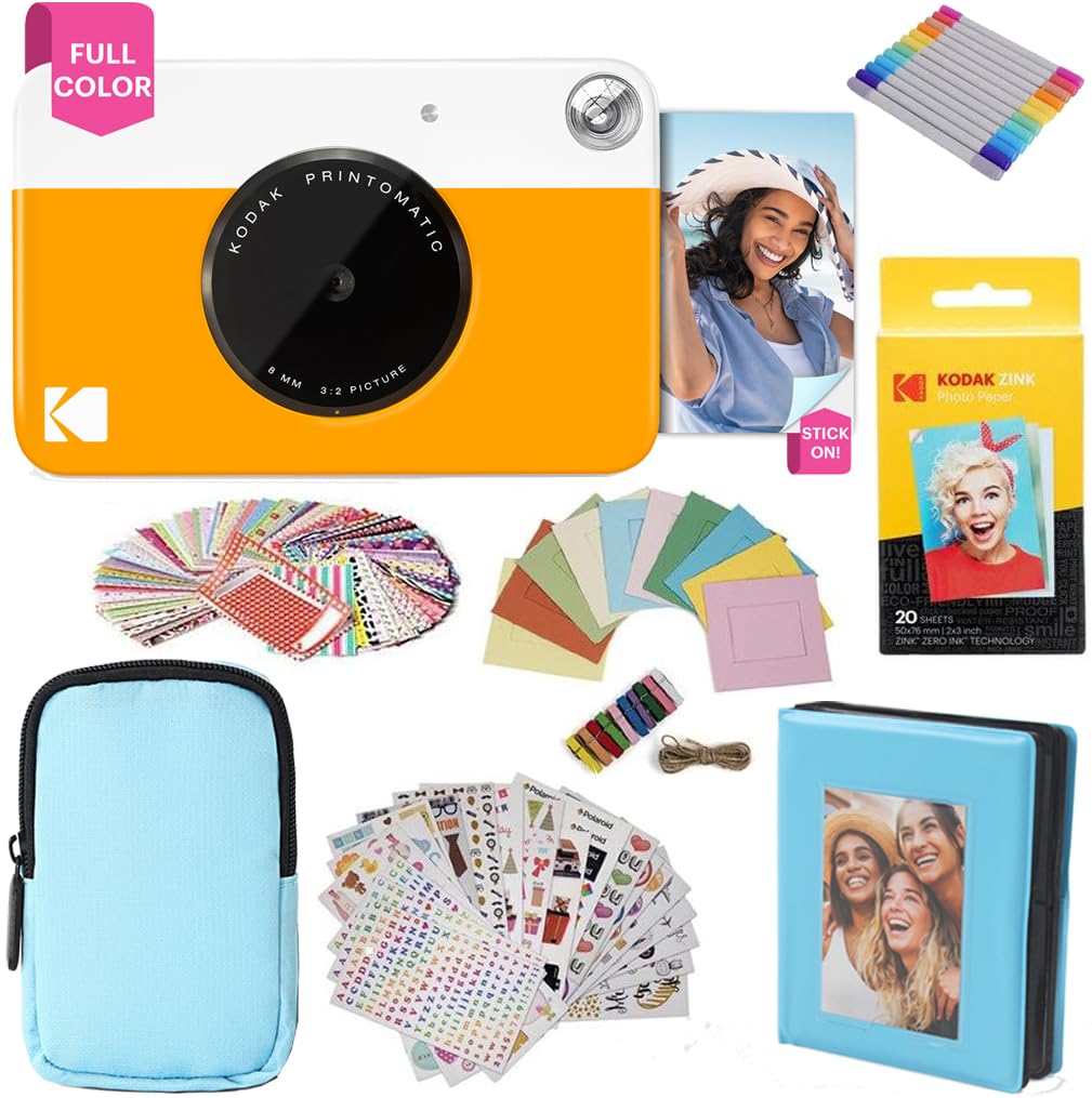 KODAK Printomatic fotocamera a stampa istantanea + custodia morbida + carta fotografica Zink 2x3" 20pz + album + adesivo + cornici per adesivi + cornici sospese + pennarelli - Giallo