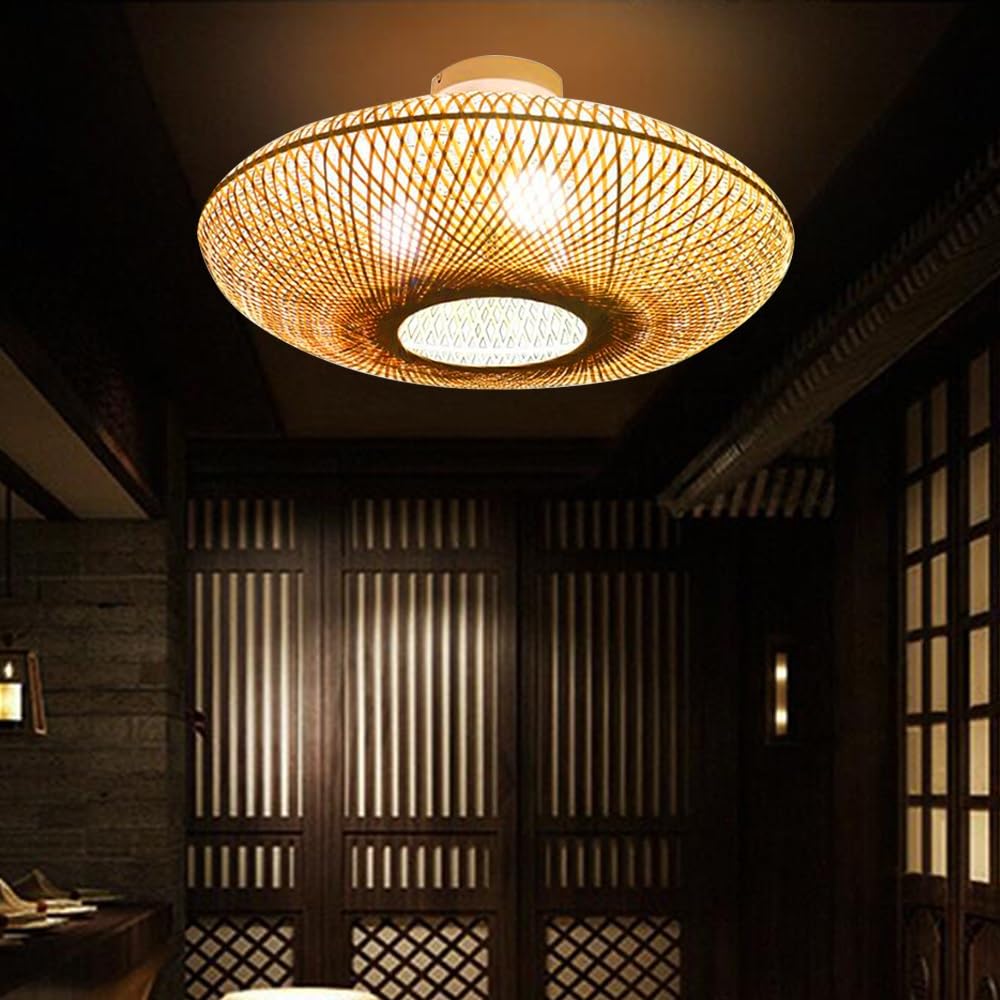 Natural Bamboo Ceiling Light E27 Rattan Ceiling Lamp Retro Dining Table Pendant Light Handwoven Lampshade Country House Style Wood Hanging Lamp for Dining Room Bar Coffee Hotel Living Room Bedroom(A)