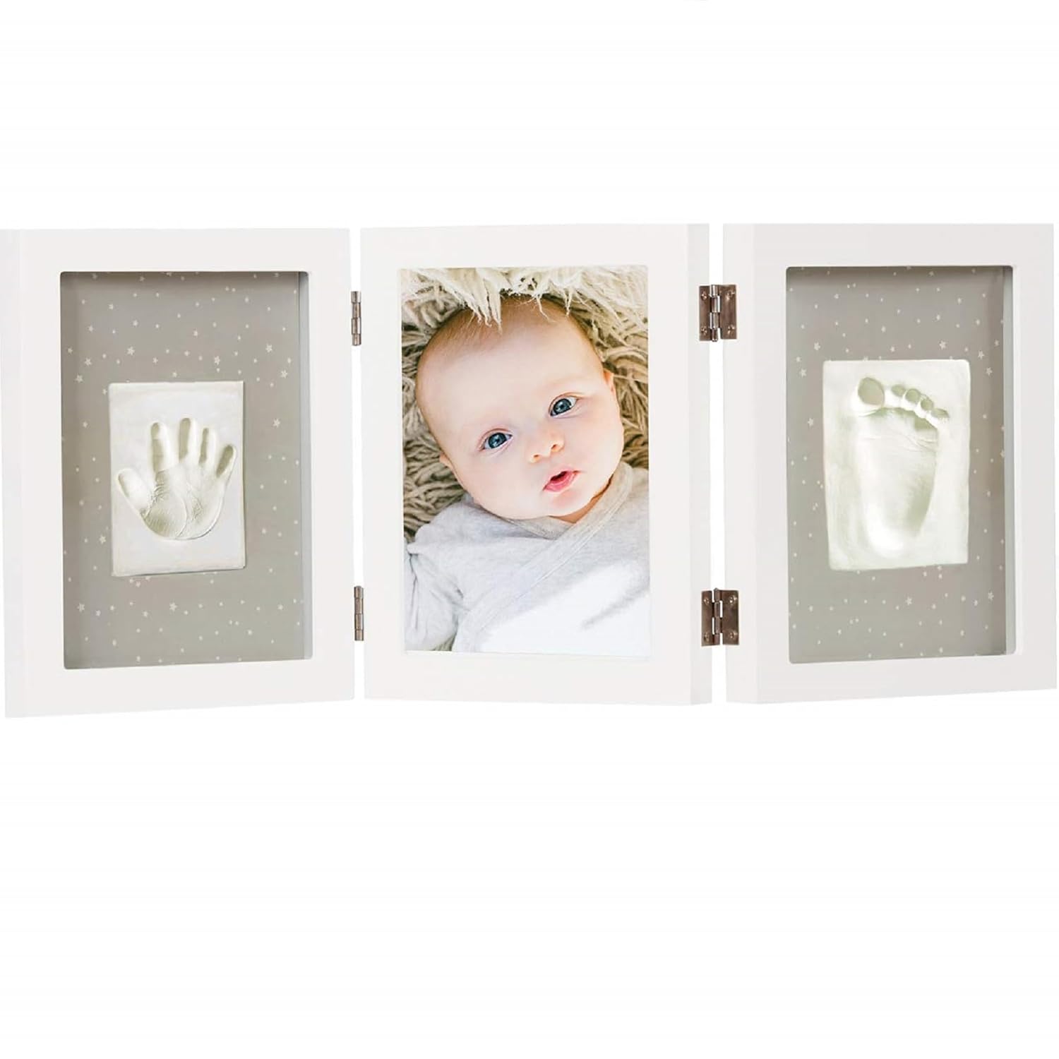 Happy Hands Triple Frame with Non-Toxic, Skin-Firendly Clay for Baby Hand & Foot Impression and 1 Photo, Newborn Keepsake, Memory, Lasting Impressions, 51 x 21.5 cm, White