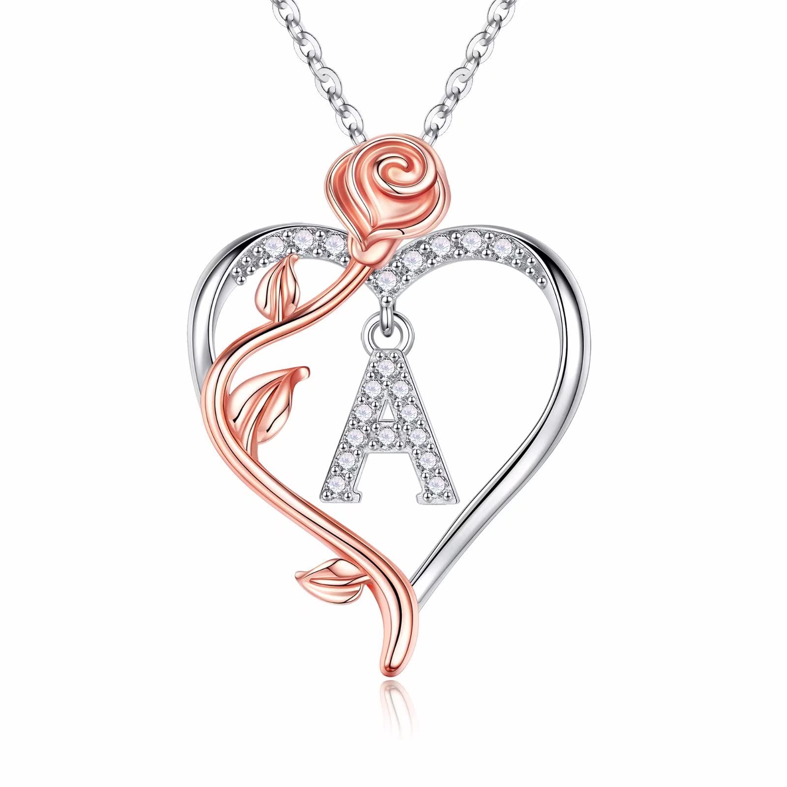 Iefil Mothers Day Gifts for Wife - 925 Sterling Silver Rose Heart Initial Necklace, Anniversary Birthday Gifts for Women, Jewelry Gift for Her Wife Girlfriend